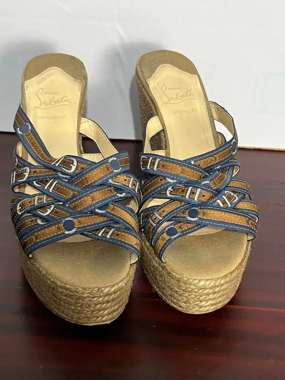 Christian Louboutin Corniche Crepon Ribbon Wedge Espadrille Sandals Size 11 Boho